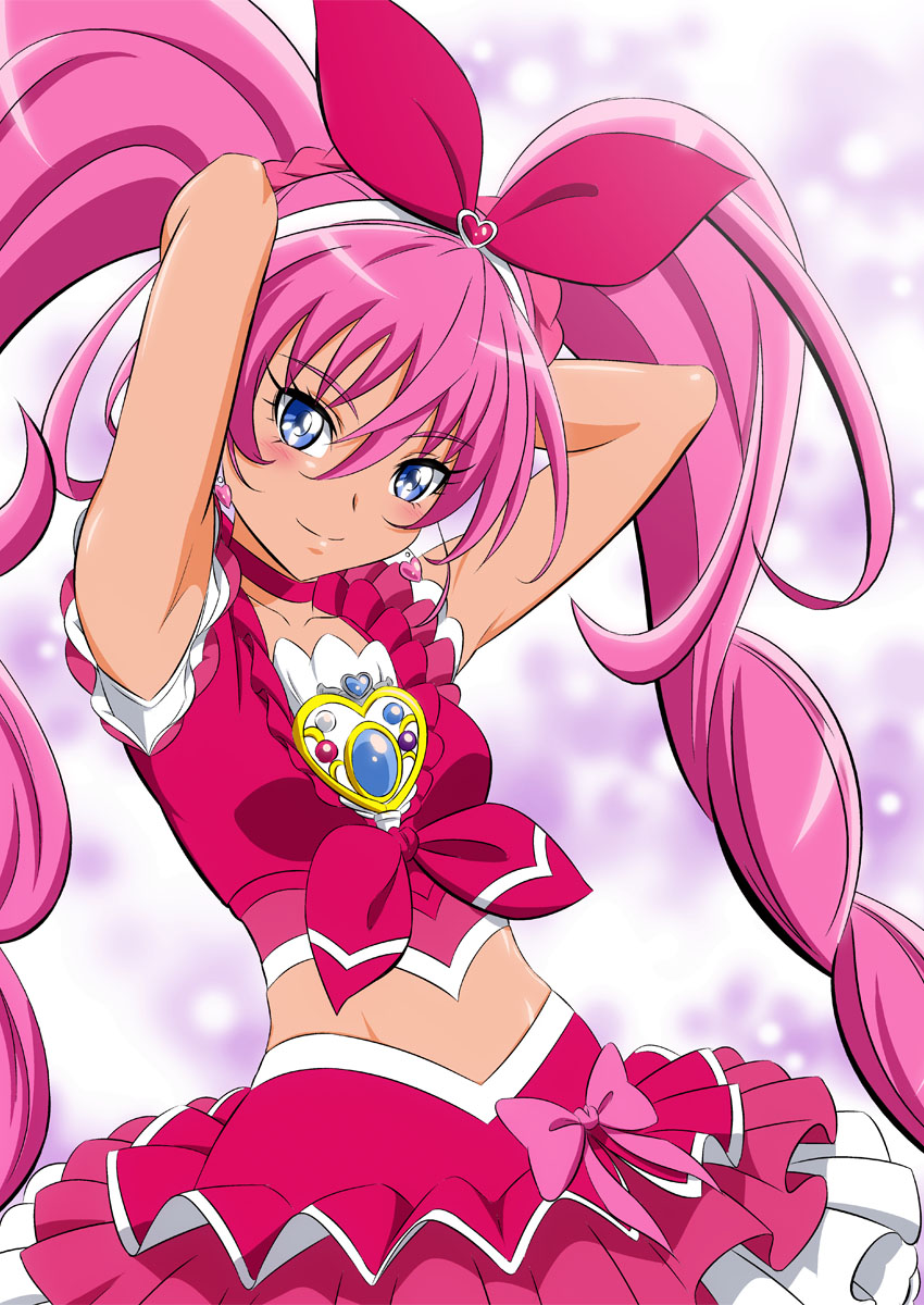 1girl armpits arms_up bangs blue_eyes blush bow breasts choker closed_mouth collarbone crop_top cure_melody eyebrows_visible_through_hair fuchi_(nightmare) groin hair_between_eyes hair_bow hair_ornament hairband heart heart_hair_ornament highres layered_skirt long_hair looking_at_viewer midriff miniskirt multicolored multicolored_clothes multicolored_skirt pink_hair pink_skirt precure red_bow red_choker shiny shiny_hair skirt small_breasts smile solo standing stomach suite_precure twintails very_long_hair white_hairband white_skirt