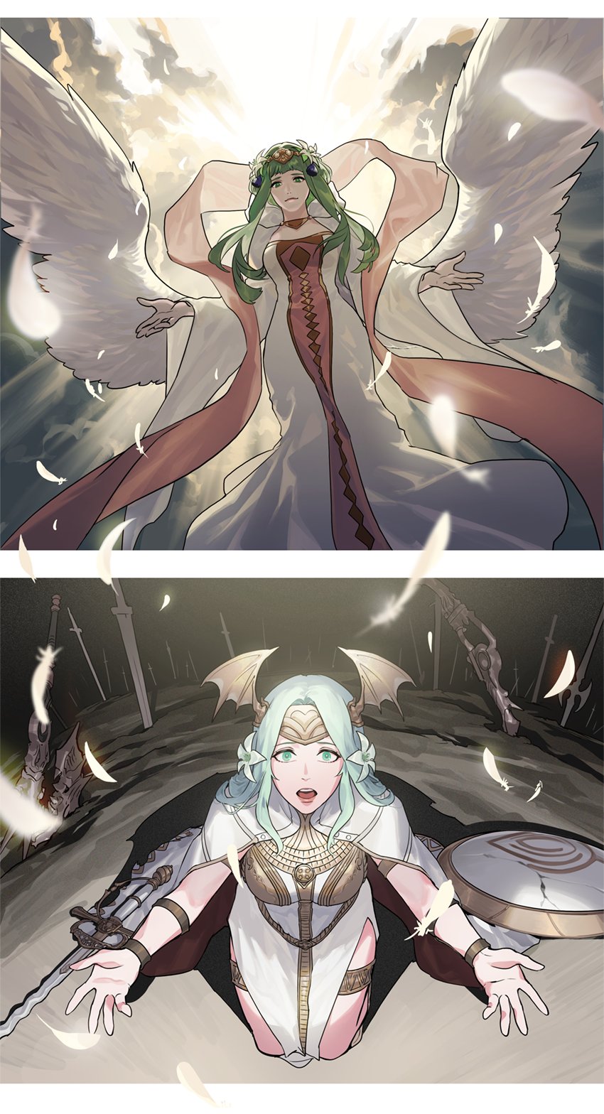2girls breasts byuub closed_mouth clouds cloudy_sky commentary dress english_commentary feathered_wings feathers fire_emblem fire_emblem:_three_houses flower full_body green_eyes green_hair ground hair_flower hair_ornament highres jewelry kneeling light lips long_hair looking_at_viewer multiple_girls open_mouth seiros_(fire_emblem) shield sidelocks sky smile sothis_(fire_emblem) sword weapon white_dress wings wristwear