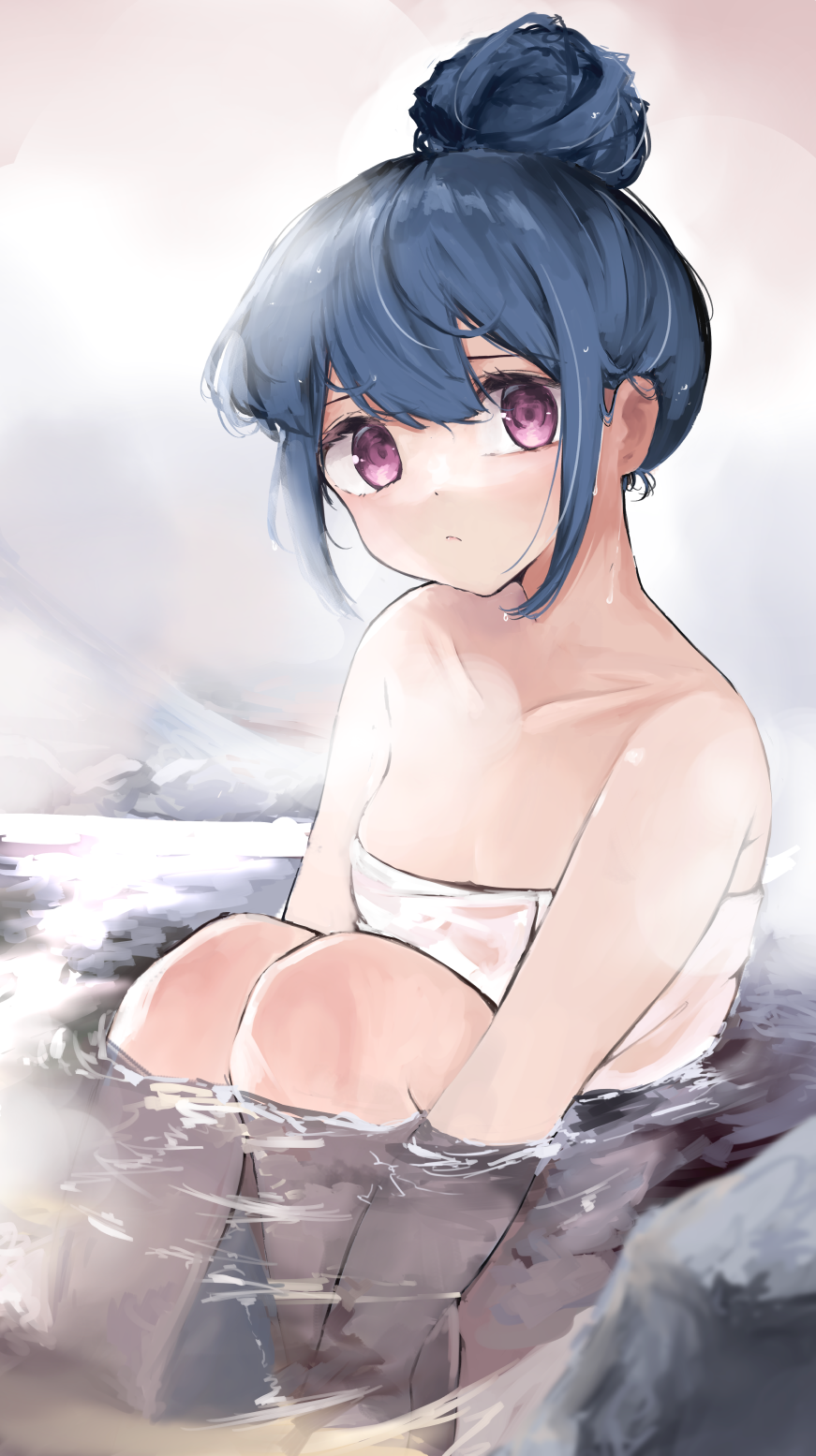 1girl bangs bathing blue_hair closed_mouth droplets hair_bun hands_on_feet highres leadin_the_sky light_rays long_hair looking_at_viewer shima_rin sitting steam towel violet_eyes water yurucamp
