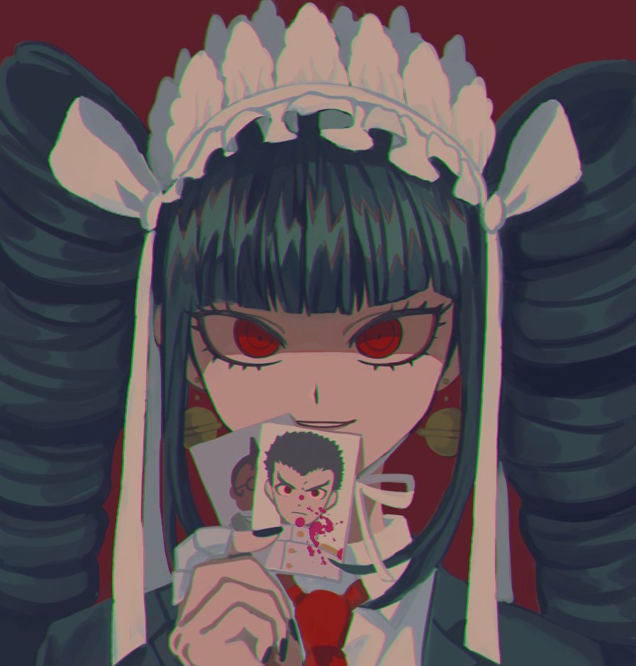 1girl bangs black_hair black_jacket black_nails blood blunt_bangs bong_(0u0bon) bonnet celestia_ludenberg dangan_ronpa:_trigger_happy_havoc dangan_ronpa_(series) drill_hair gothic_lolita holding ishimaru_kiyotaka jacket lolita_fashion long_hair looking_at_viewer necktie photo_(object) pink_blood portrait red_background red_eyes red_neckwear shirt smile solo twin_drills twintails white_shirt yamada_hifumi