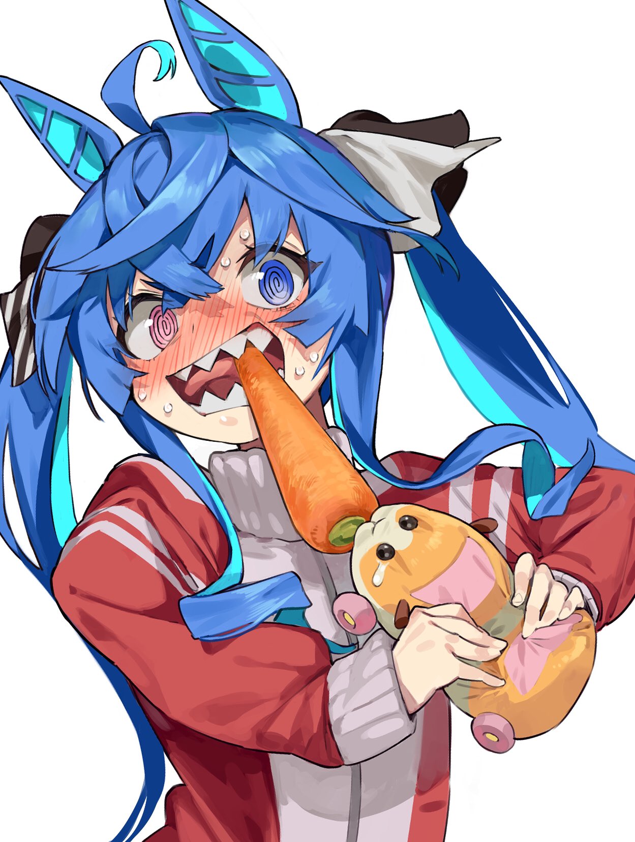 1girl @_@ animal_ears blue_eyes blue_hair carrot commentary_request guinea_pig heterochromia highres horse_ears horse_girl horse_tail molcar nonco potato_(pui_pui_molcar) pui_pui_molcar season_connection sharp_teeth simple_background tail teeth track_suit tug_of_war twin_turbo_(umamusume) twintails umamusume upper_body violet_eyes white_background