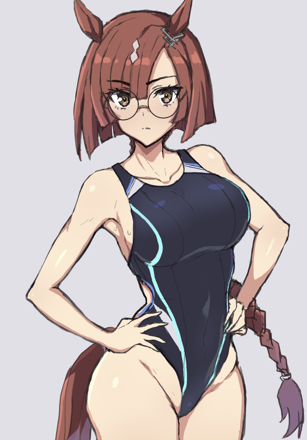 1girl animal_ears black_swimsuit braid braided_ponytail breasts brown_eyes brown_hair closed_mouth competition_swimsuit eyebrows_visible_through_hair glasses grey_background hands_on_hips highres horse_ears horse_girl horse_tail ikuno_dictus_(umamusume) large_breasts long_hair looking_at_viewer mordeth one-piece_swimsuit simple_background solo swimsuit tail thighs umamusume