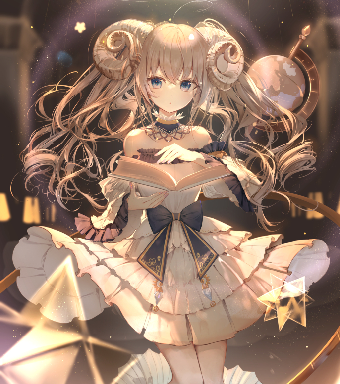 1girl :o bare_shoulders black_bow blue_eyes blurry blurry_background book bow brown_hair commentary_request curled_horns depth_of_field detached_sleeves dress globe holding holding_book horns kouyafu layered_dress long_hair long_sleeves looking_at_viewer open_book original parted_lips pleated_dress solo strapless strapless_dress twintails very_long_hair white_dress white_sleeves wide_sleeves