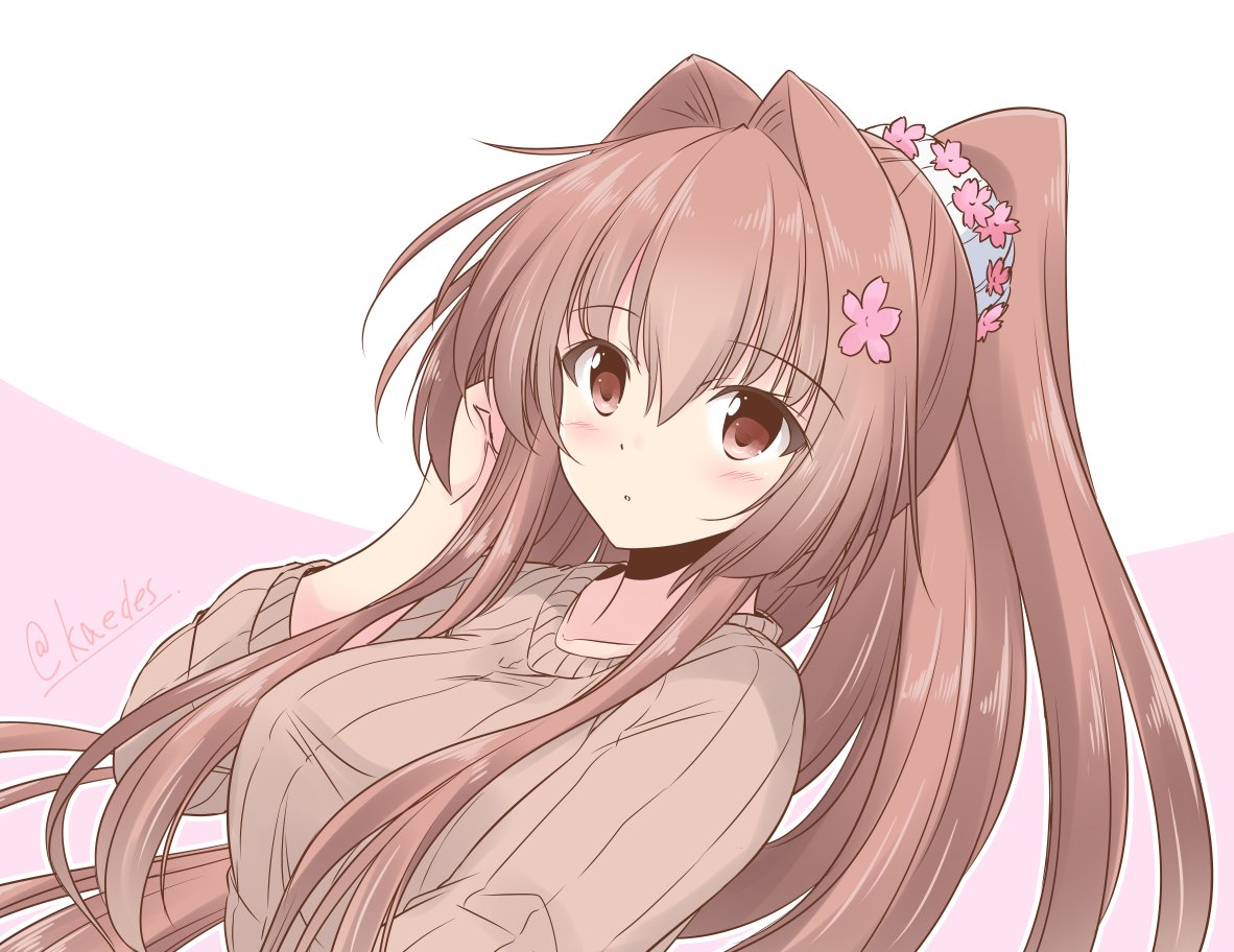 1girl brown_hair brown_sweater cherry_blossoms commentary_request flower hair_flower hair_ornament icesherbet kantai_collection long_hair looking_at_viewer official_alternate_costume ponytail red_eyes ribbed_sweater solo sweater two-tone_background upper_body yamato_(kancolle)