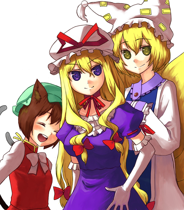 3girls animal_ears bad_id blonde_hair bodimahattayaougaki body_mahattaya_ginga brown_hair cat_ears chen elbow_gloves gloves hair_ribbon hat long_hair multiple_girls ribbon short_hair symbol-shaped_pupils touhou yakumo_ran yakumo_yukari