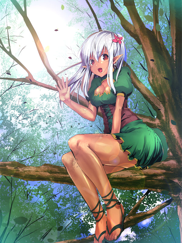 :d ajishio ankle_lace-up breasts cleavage cleavage_cutout cross-laced_footwear dark_skin dress elf flower hair_flower hair_ornament in_tree leaf lens_flare long_hair open_mouth original outdoors outside pointy_ears red_eyes sandals silver_hair sitting sitting_in_tree sky smile solo sun tree waving white_hair