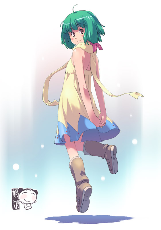 akane_souichi back bare_shoulders boots floating green_hair hair_ribbon looking_back macross macross_frontier ranka_lee red_eyes ribbon scarf smile