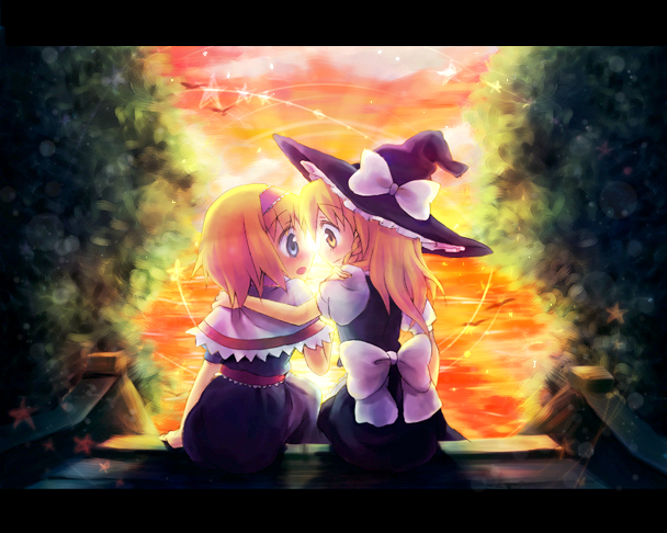 alice_margatroid arm_on_shoulder bangs blonde_hair blue_dress blue_eyes bow capelet cloud dress eye_contact from_behind hat hat_bow hug kirisame_marisa long_hair multiple_girls nose_blush oimo open_mouth outdoors sash sitting sky smile star sunset touhou tree witch witch_hat yellow_eyes