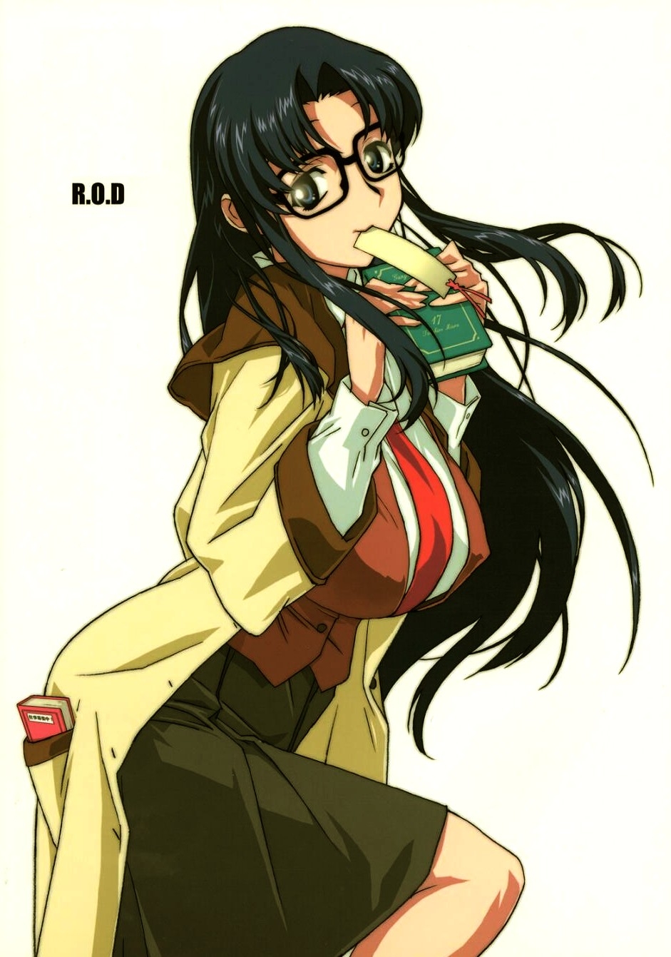 bb breasts glasses highres huge_breasts mouth_hold read_or_die yomiko_readman