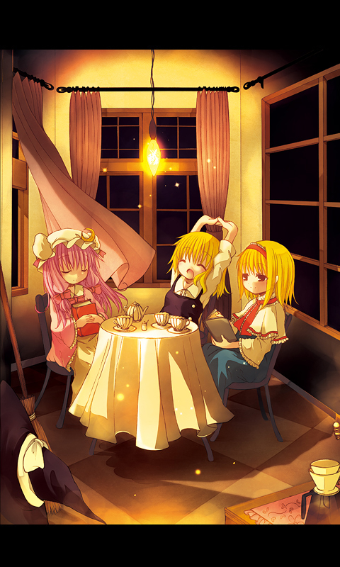 :o ^_^ alice_margatroid arms_above_head bangs blonde_hair blue_dress book braid broom capelet cardigan catbell chair closed_eyes cup curtains dress frills hat hat_removed headwear_removed indoors kirisame_marisa light_bulb long_hair multiple_girls patchouli_knowledge pink_hair purple_hair reading saucer single_braid sitting smile straight_hair stretch table teacup teapot touhou white_dress wide_sleeves wind window witch_hat yawning