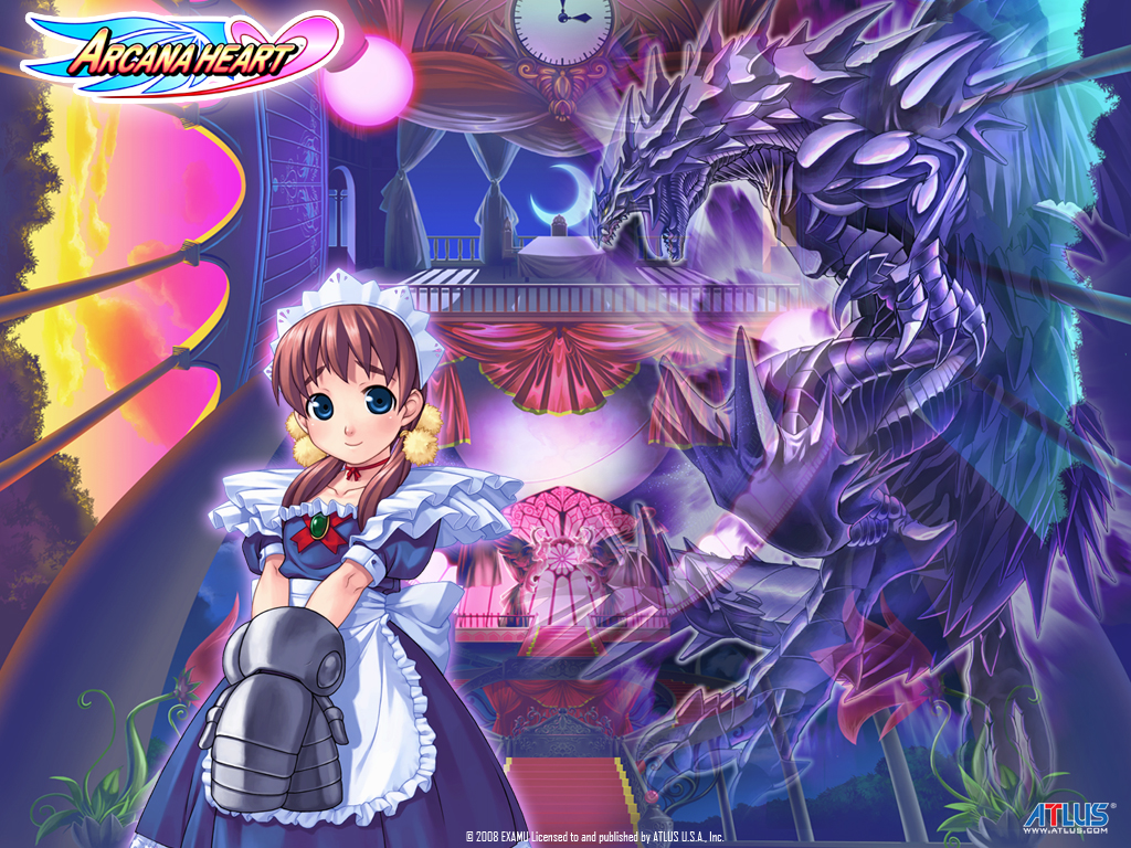 arcana_heart armor armored_dress balcony blue_eyes blush brooch brown_hair choker claws clock cloud crescent_moon crossed_arms curtains dress fiona_mayfield flat_chest flower gauntlets hair_bobbles hair_ornament jewelry maid maid_headdress mizuki_gyokuran monster moon night night_sky official_art orichalkos sky smile stairs sunset twintails v_arms wallpaper