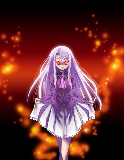 fate/stay_night fate_(series) glowing glowing_eyes illyasviel_von_einzbern lavender_hair long_hair nekomamire red_eyes skirt skirt_lift smile solo