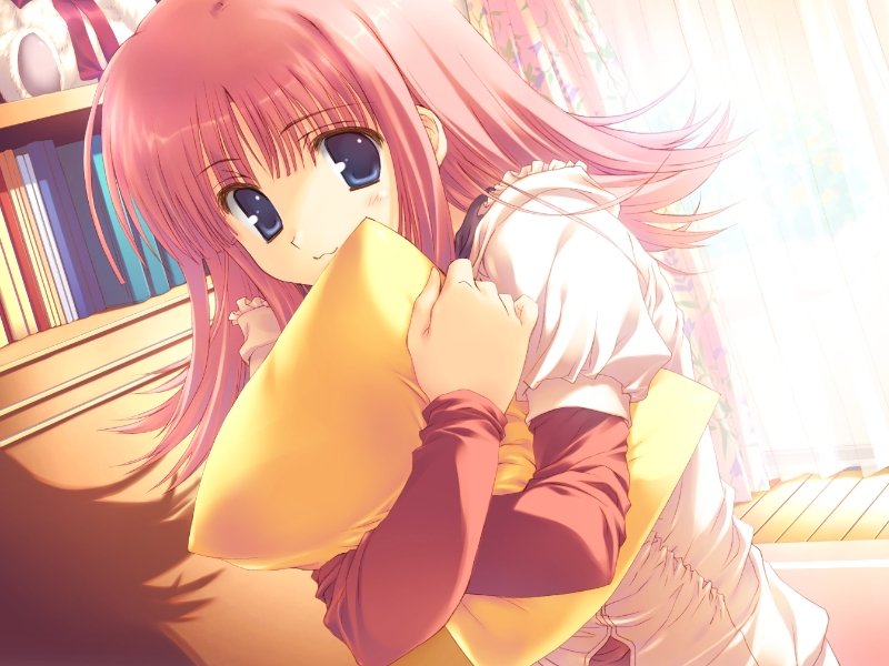 800x600 blue_eyes book bookcase game_cg milfa mitsumi_misato pillows pink_hair sunlight to_heart_2 to_heart_2_ad wallpaper