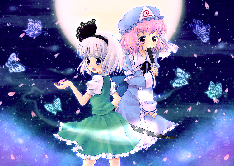 butterflies hat hitodama konpaku_youmu konpaku_youmu_(ghost) myon oimo saigyouji_yuyuko touhou