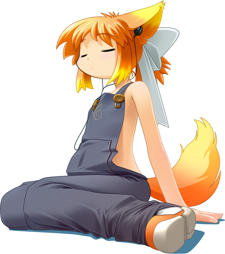 1girl animal_ears closed_eyes earbuds earphones firefox flat_chest fox_ears fox_tail gradient_hair hair_ribbon kitsupon lolifox multicolored_hair orange_hair os-tan overalls ponytail ribbon shadow sitting tail transparent_background transparent_png