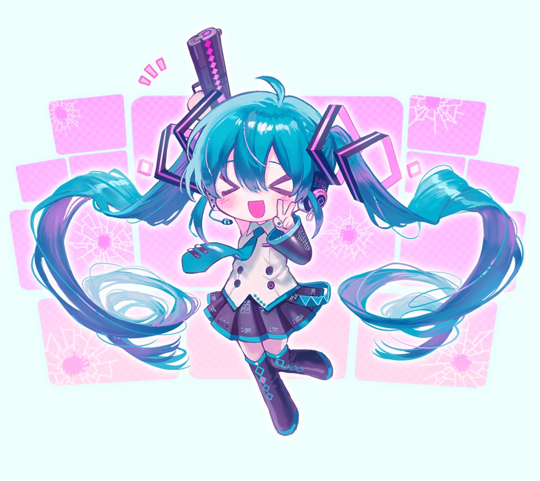 &gt;_&lt; 1girl :d ahoge arm_up bangs black_footwear black_legwear black_skirt black_sleeves blue_hair blue_neckwear boots chibi collared_shirt detached_sleeves full_body gun hair_between_eyes handgun hatsune_miku headset holding holding_gun holding_weapon long_hair necktie nyam_030 open_mouth pistol pleated_skirt shirt skirt smile solo thigh-highs thigh_boots twintails v very_long_hair vocaloid weapon white_shirt xd