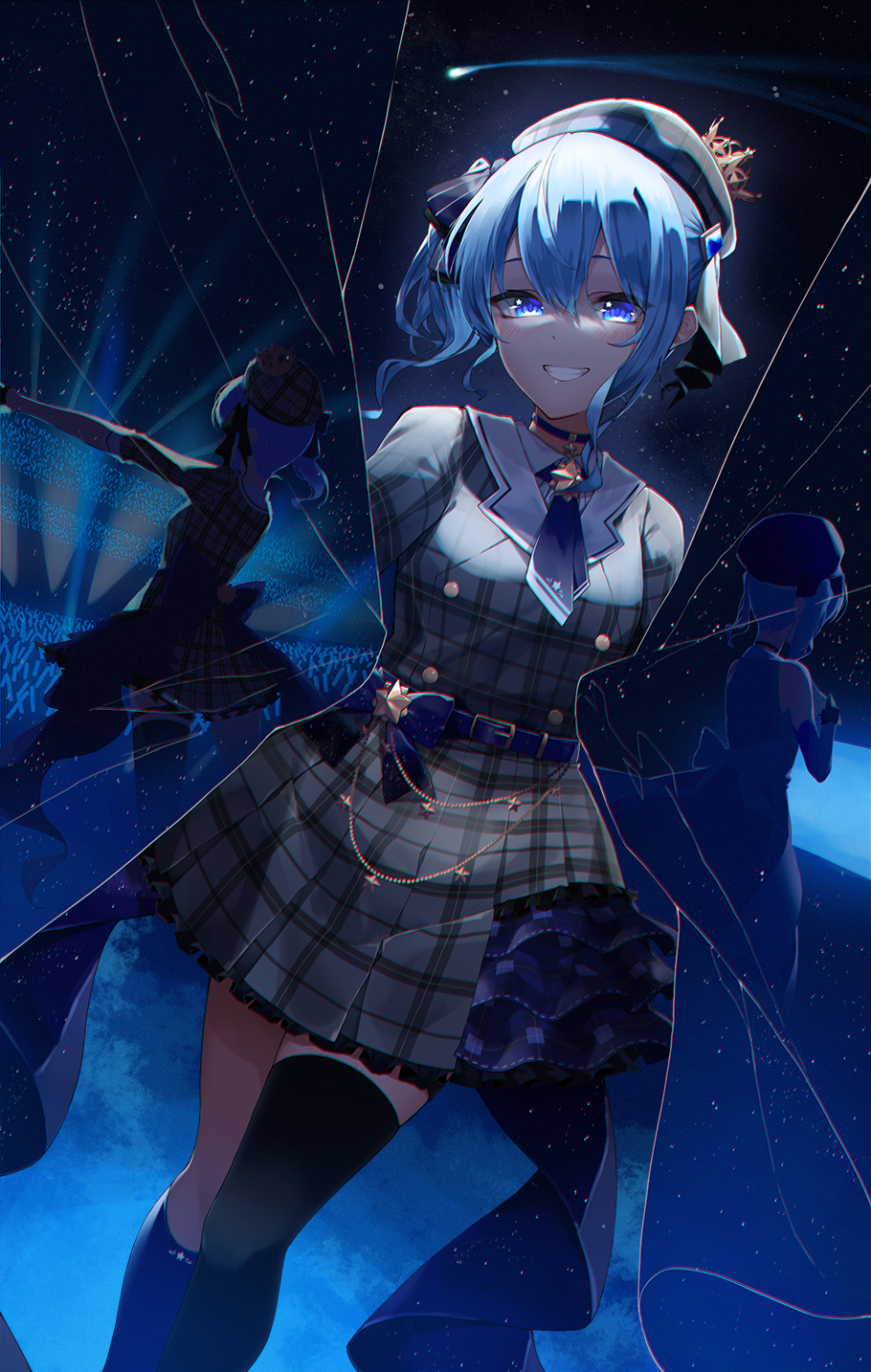 1girl asymmetrical_legwear back_bow bangs belt beret black_legwear blue_belt blue_bow blue_choker blue_eyes blue_hair blue_legwear blue_neckwear blue_ribbon blush bow breasts choker commentary concert crown glowstick grey_headwear grey_jacket grey_skirt grin hair_ribbon hat highres hololive hoshimachi_suisei jacket kneehighs looking_at_viewer medium_hair mini_crown multiple_views necktie night night_sky one_side_up plaid plaid_headwear plaid_jacket plaid_skirt ribbon single_kneehigh single_thighhigh skirt sky smile standing star_(symbol) star_choker star_in_eye starry_sky_print symbol_in_eye thigh-highs toto_(kuro_toto) virtual_youtuber