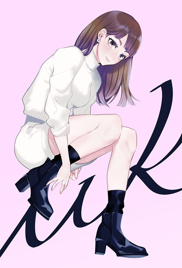 1girl alternate_costume ankle_boots bangs black_footwear black_legwear blunt_bangs boots breasts brown_eyes brown_hair casual earrings eyebrows eyelashes full_body haikyuu!! jewelry kurobara leather leather_boots looking_at_viewer nail_polish simple_background skirt solo sweater white_skirt white_sweater yamaka_mika