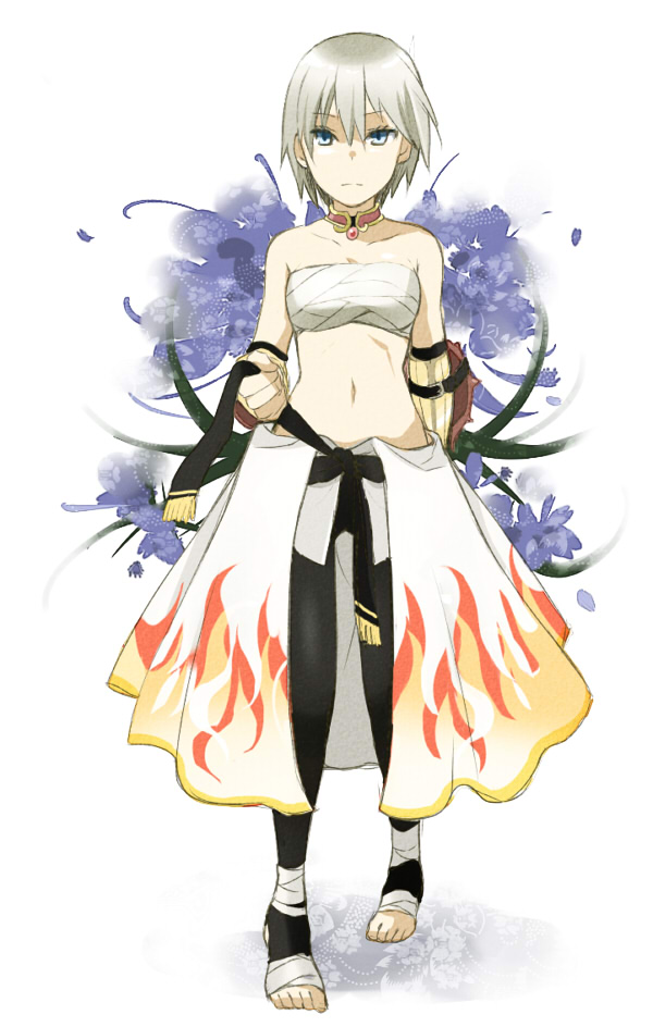 1girl bangs belt black_belt black_legwear choker closed_mouth clothes_around_waist commentary_request eyebrows_visible_through_hair flame_print flower full_body gauntlets holding_belt leggings looking_at_viewer navel negi_mugiya no_shoes purple_flower ragnarok_online sarashi shirt shirt_around_waist short_hair shura_(ragnarok_online) solo white_background white_shirt