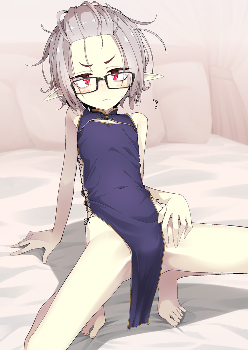 1girl bare_arms bare_legs bare_shoulders barefoot bed black-framed_eyewear black_dress blush canopy_bed china_dress chinese_clothes closed_mouth commentary_request curtains dress fang fang_out flying_sweatdrops forehead glasses grey_hair highres looking_at_viewer no_panties ogami_kazuki on_bed original pelvic_curtain pillow pointy_ears red_eyes sleeveless sleeveless_dress solo spread_legs squatting sweat