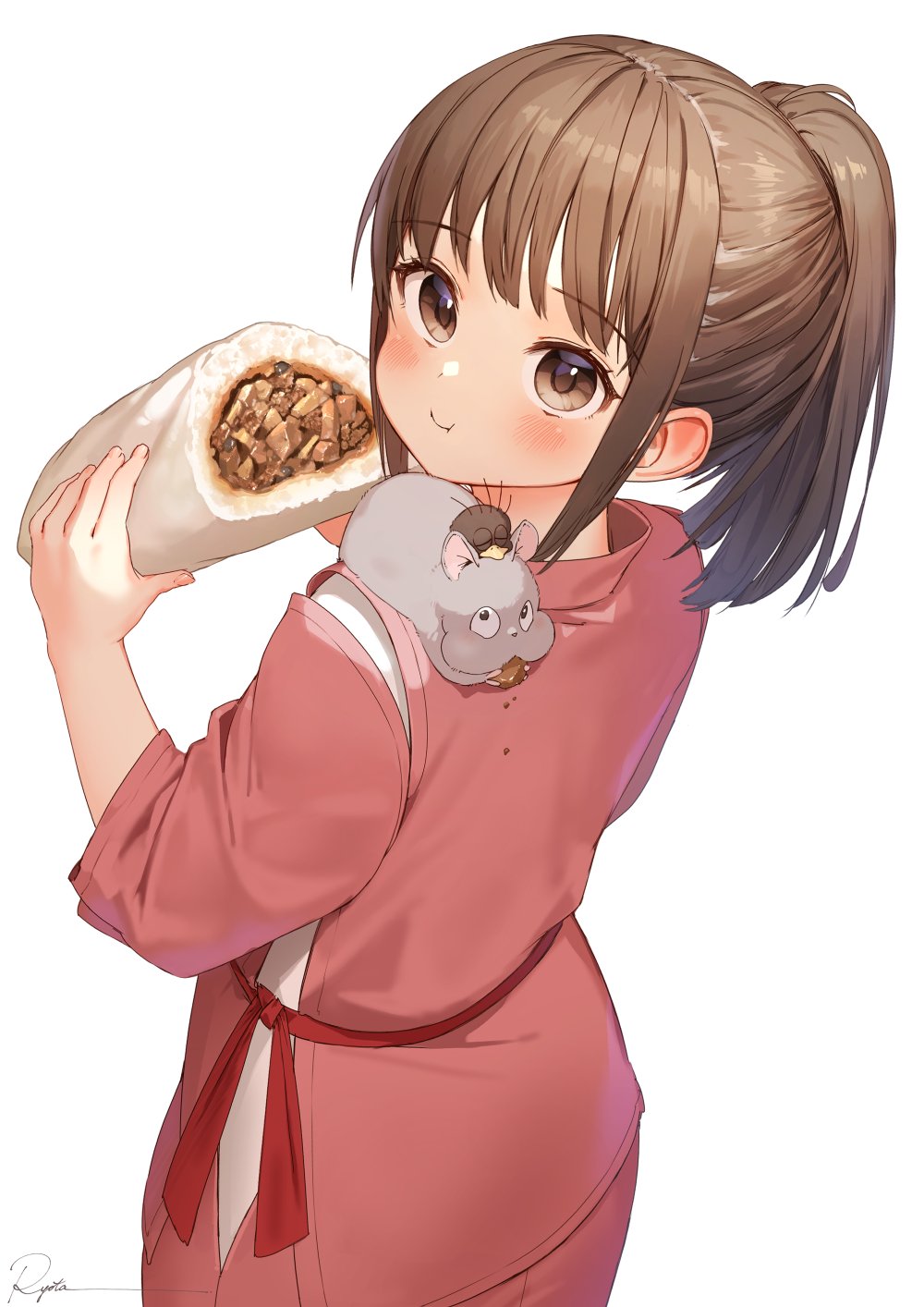 1girl :t animal_on_shoulder animal_request bangs blush bou_(sen_to_chihiro_no_kamikakushi) brown_eyes brown_hair closed_mouth eating eyebrows_visible_through_hair food from_behind highres holding holding_food long_sleeves looking_at_viewer looking_back ogino_chihiro ponytail profile ryota_(ry_o_ta) sen_to_chihiro_no_kamikakushi signature simple_background solo white_background yu-bird