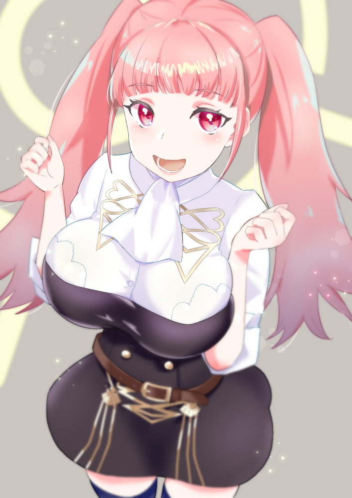 1girl breasts buttons double-breasted fire_emblem fire_emblem:_three_houses garreg_mach_monastery_uniform hilda_valentine_goneril large_breasts long_hair looking_at_viewer open_mouth pink_eyes pink_hair shibaame solo tagme thigh-highs twintails zettai_ryouiki
