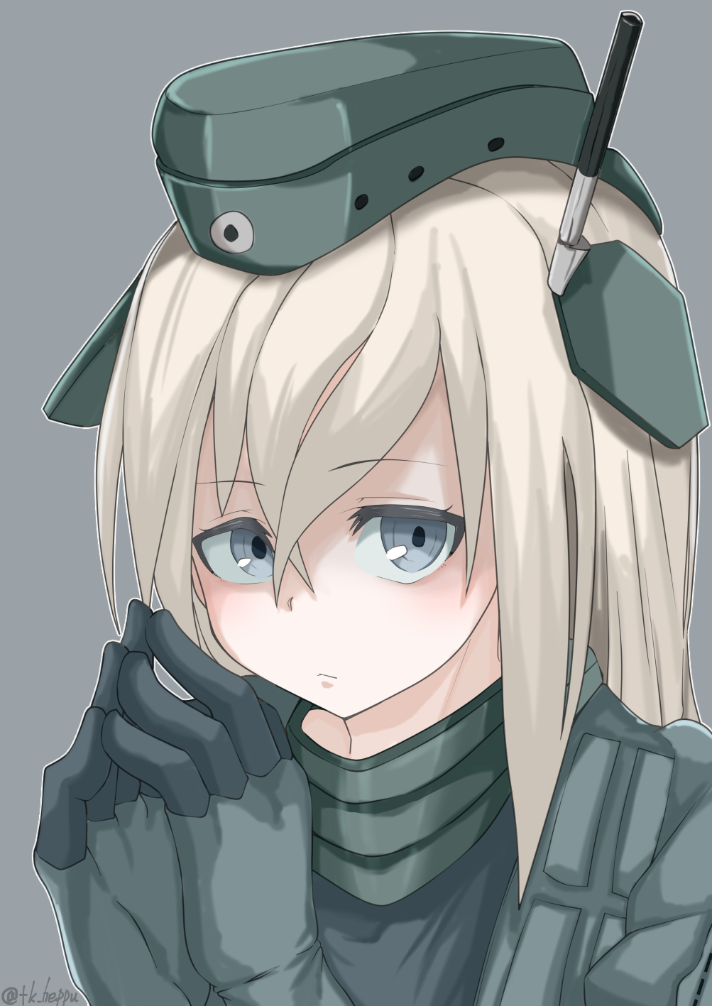 1girl face fingers_together garrison_cap gloves grey_background grey_eyes hat highres kantai_collection multicolored multicolored_clothes multicolored_gloves platinum_blonde_hair portrait solo takasugi_heppu twitter_username u-511_(kancolle)