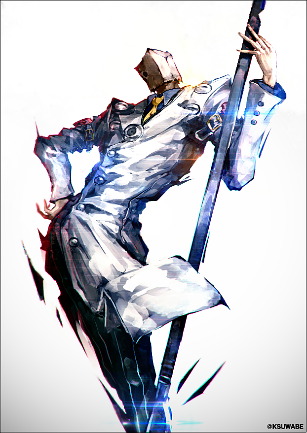 1boy arm_belt artist_name bag bag_on_head black_pants blue_shirt buckle coat collared_shirt commentary_request covered_face faust_(guilty_gear) feet_out_of_frame guilty_gear hand_on_hip holding holding_weapon huge_weapon k-suwabe lapel long_sleeves male_focus necktie pants paper_bag scalpel shirt solo standing weapon white_background white_coat yellow_neckwear