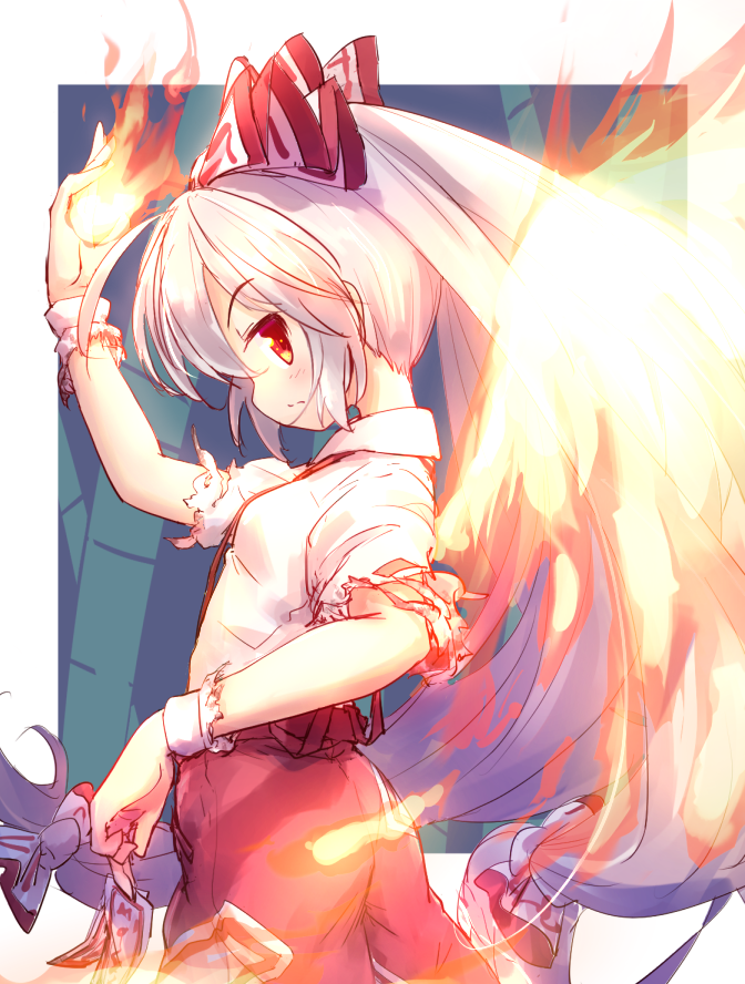 1girl bamboo bamboo_forest bangs border bow closed_mouth cowboy_shot eyebrows_visible_through_hair fire forest from_side fujiwara_no_mokou hair_bow isu_(is88) long_hair looking_at_viewer multiple_bows nature ofuda ofuda_on_clothes outdoors pants pyrokinesis red_eyes red_pants shirt solo standing suspenders torn_clothes torn_sleeves touhou very_long_hair white_border white_hair white_shirt