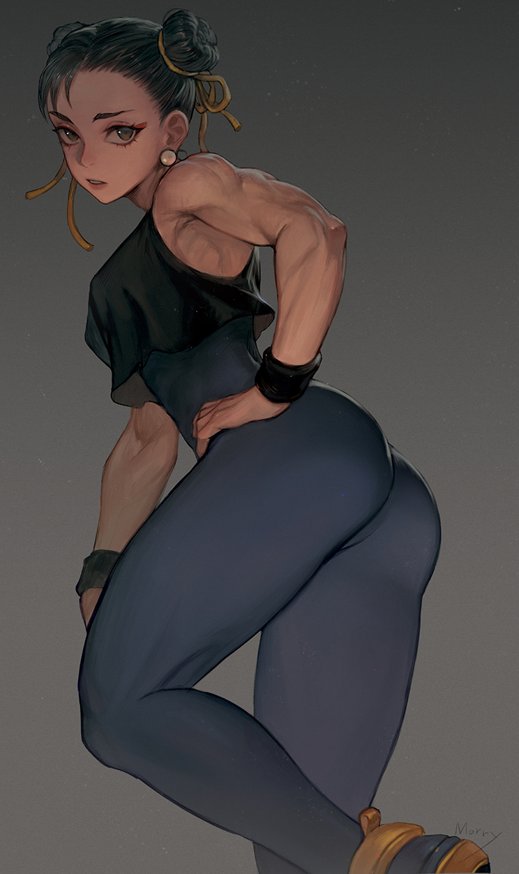 1girl artist_name ass asymmetrical_hair black_hair black_tank_top blue_bodysuit bodysuit breasts chun-li commentary cowboy_shot crop_top crop_top_overhang double_bun expressionless eyelashes grey_background hair_ribbon hand_on_hip highres lips looking_at_viewer looking_back medium_breasts morry muscular muscular_female ribbon short_hair signature simple_background sleeveless solo standing street_fighter sweatband symbol_commentary tank_top wristband yellow_eyes yellow_ribbon