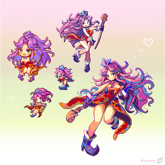 1girl angela_(seiken_densetsu_3) bare_shoulders boots chibi full_body gloves green_eyes happy hat heart high_heels hiroita holding holding_staff jewelry knees_together_feet_apart leotard long_hair looking_at_viewer multiple_views necklace pixel_art pointy_ears purple_gloves purple_hair red_leotard seiken_densetsu seiken_densetsu_3 showgirl_skirt smile staff strapless twitter_username wooden_staff