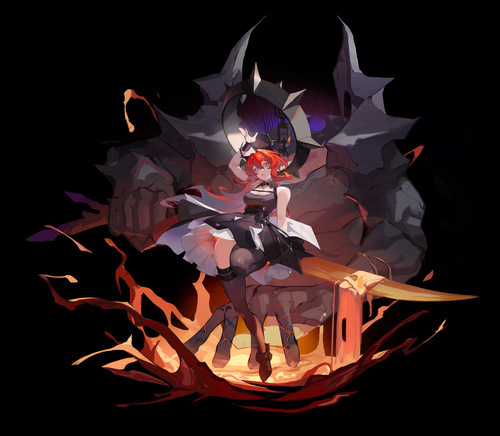 1girl arknights collar demon demon_girl demon_horns dress horns kevinsiji long_hair looking_at_viewer lowres molten_rock redhead solo spiked_collar spikes surtr_(arknights) sword thigh-highs violet_eyes weapon