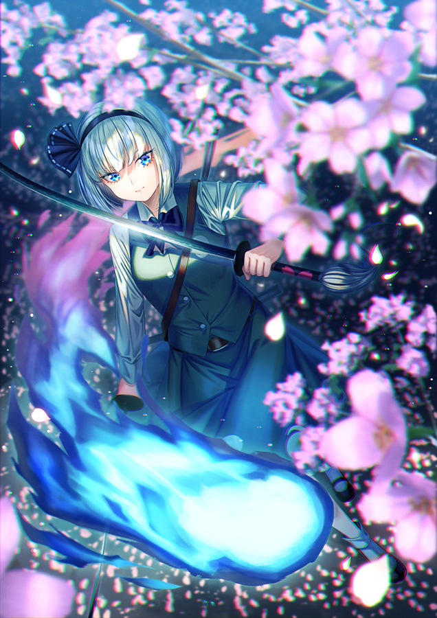 1girl black_hairband blue_eyes blurry blurry_foreground bob_cut breasts cherry_blossoms dual_wielding dutch_angle from_above green_vest hairband holding holding_sword holding_weapon katana konpaku_youmu konpaku_youmu_(ghost) looking_at_viewer petals short_hair silver_hair small_breasts solo sword touhou unowen vest weapon