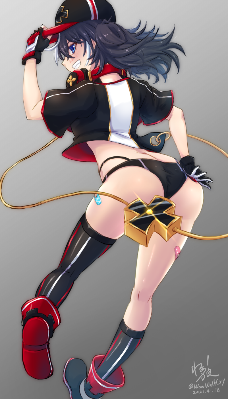 1girl 2021 ass asymmetrical_gloves asymmetrical_legwear azur_lane black_gloves black_hair black_legwear blue_eyes crop_top earphones fingerless_gloves full_body gloves grey_background highres iron_cross long_hair one-hour_drawing_challenge short_sleeves simple_background smile solo u-101_(azur_lane) waa!_okami