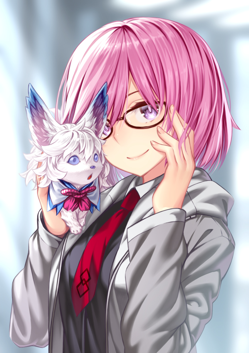 1girl fate/grand_order fate_(series) fou_(fate) glasses highres long_sleeves mash_kyrielight necktie porikeracchou purple_hair short_hair smile undershirt upper_body violet_eyes