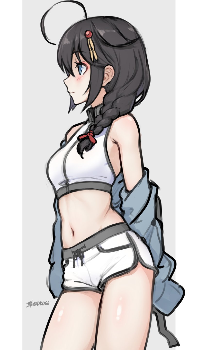 1girl ahoge bare_shoulders black_hair blue_eyes blush braid breasts closed_mouth cowgirl_position crop_top dan_(kumadan) dolphin_shorts grey_background grey_jacket hair_flaps hair_ornament hair_over_shoulder hair_ribbon highres jacket kantai_collection long_hair long_sleeves navel off_shoulder profile red_ribbon remodel_(kantai_collection) ribbon shigure_(kancolle) shorts signature single_braid small_breasts solo stomach straddling thighs twitter_username two-tone_background white_shorts work_in_progress