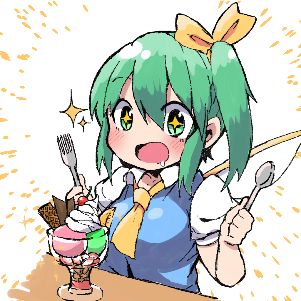 +_+ 1girl blue_vest blush bow cherry commentary_request daiyousei drooling fairy_wings food fork fruit green_eyes green_hair hair_bow hands_up holding holding_fork holding_spoon kuromu_(underporno) medium_hair open_mouth parfait shirt short_sleeves side_ponytail solo sparkle spoon table touhou upper_body vest whipped_cream white_background white_shirt wings yellow_bow yellow_neckwear