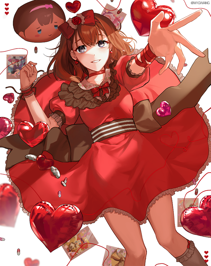 1girl arm_up bangs black_sash bow brown_hair capsule dress earrings frilled_dress frilled_legwear frills grey_eyes grin hair_bow heart_balloon idolmaster idolmaster_cinderella_girls jewelry kneehighs looking_at_viewer lying mikan_(migwang) on_back photo_(object) puffy_short_sleeves puffy_sleeves red_bow red_dress sakuma_mayu sash short_sleeves smile solo twitter_username waist_bow white_legwear wrist_cuffs