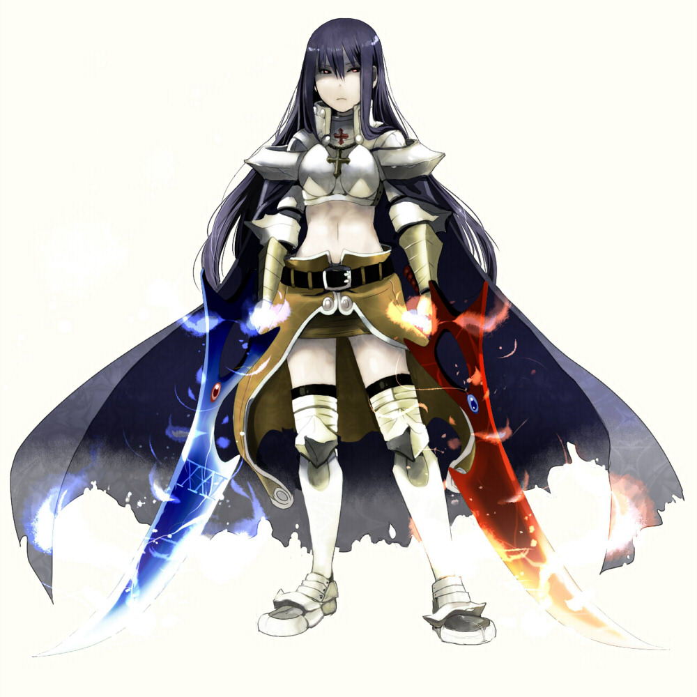 1girl armored_boots bangs black_hair black_legwear black_sclera blue_cape boobplate boots brown_cape brown_skirt cape closed_mouth colored_sclera commentary_request dual_wielding full_body hair_between_eyes holding holding_sword holding_weapon long_hair looking_at_viewer navel negi_mugiya paladin_(ragnarok_online) ragnarok_online red_eyes simple_background skirt solo sword thigh-highs waist_cape weapon white_background