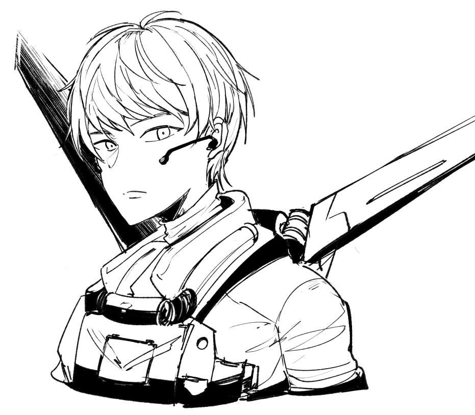 1girl apex_legends bangs cropped_torso greyscale hair_behind_ear headset jetpack looking_at_viewer monochrome short_hair solo stack_(sack_b7) upper_body valkyrie_(apex_legends) white_background
