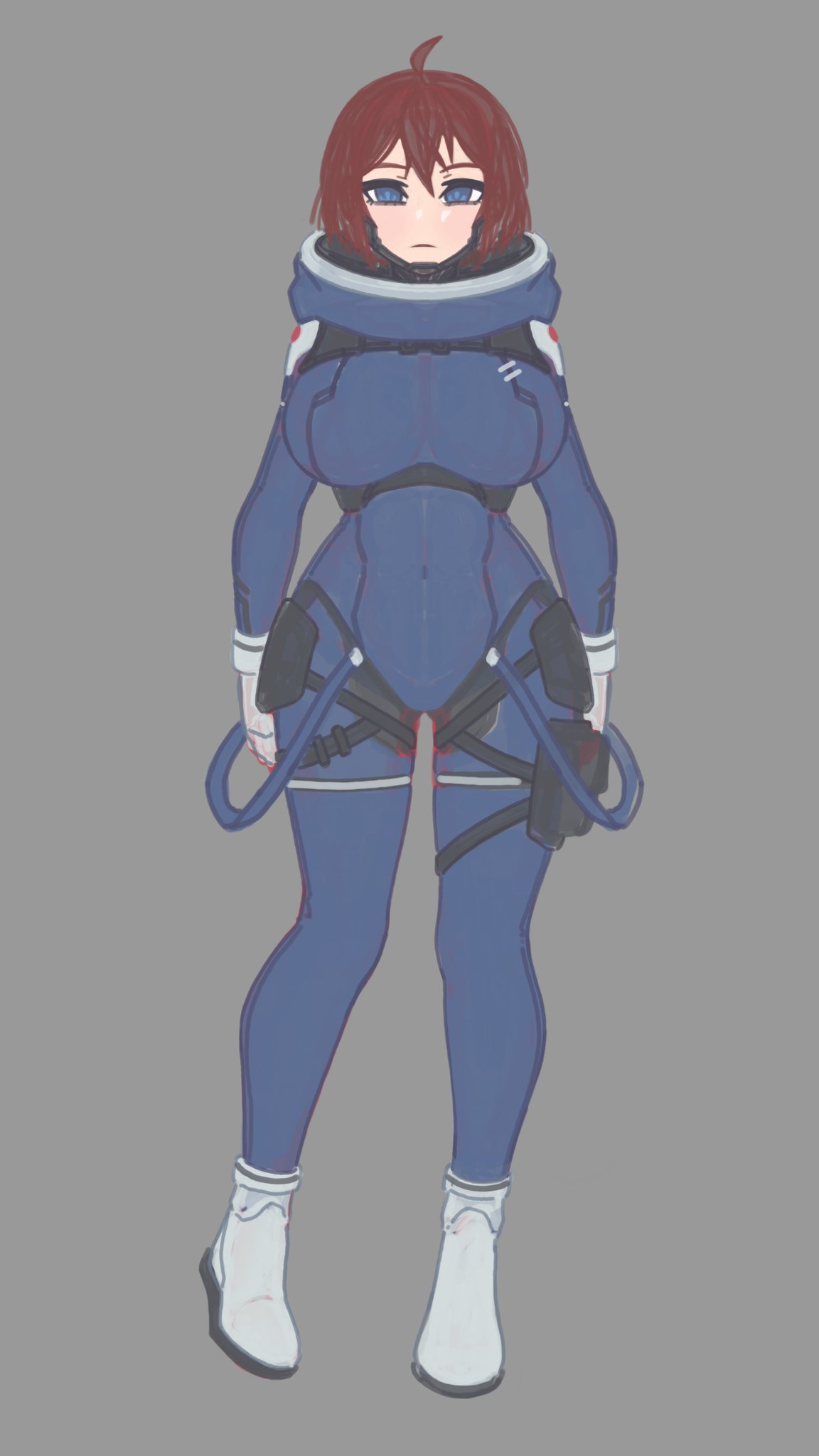 1girl blue_eyes bodysuit breasts brown_hair brups_tv covered_navel cowlick full_body gloves grey_background grey_footwear highres large_breasts looking_at_viewer no_lineart original short_hair sketch solo space_girl_(brups_tv) spacesuit white_gloves