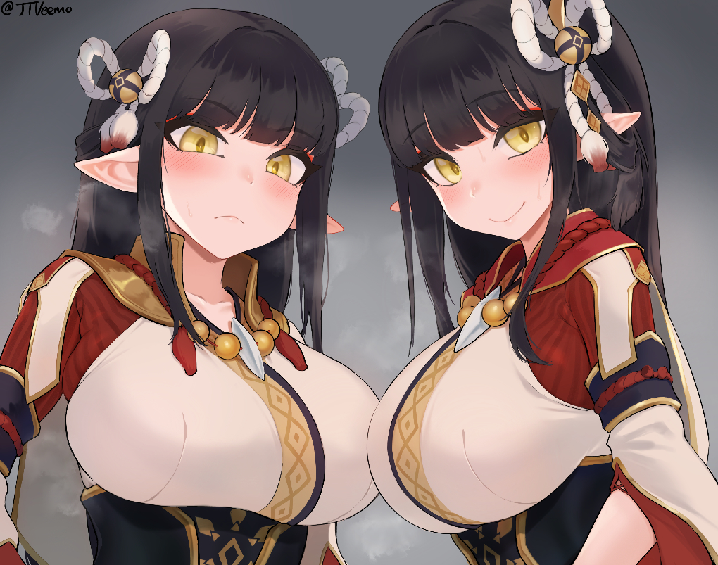 2girls bangs bell black_hair blunt_bangs blush breasts closed_mouth corset eyebrows_visible_through_hair hair_bell hair_ornament hinoa japanese_clothes jewelry jtveemo large_breasts long_hair long_sleeves looking_at_viewer minoto monster_hunter_(series) monster_hunter_rise multiple_girls necklace pointy_ears siblings sidelocks sisters smile sweat twins twitter_username underbust yellow_eyes