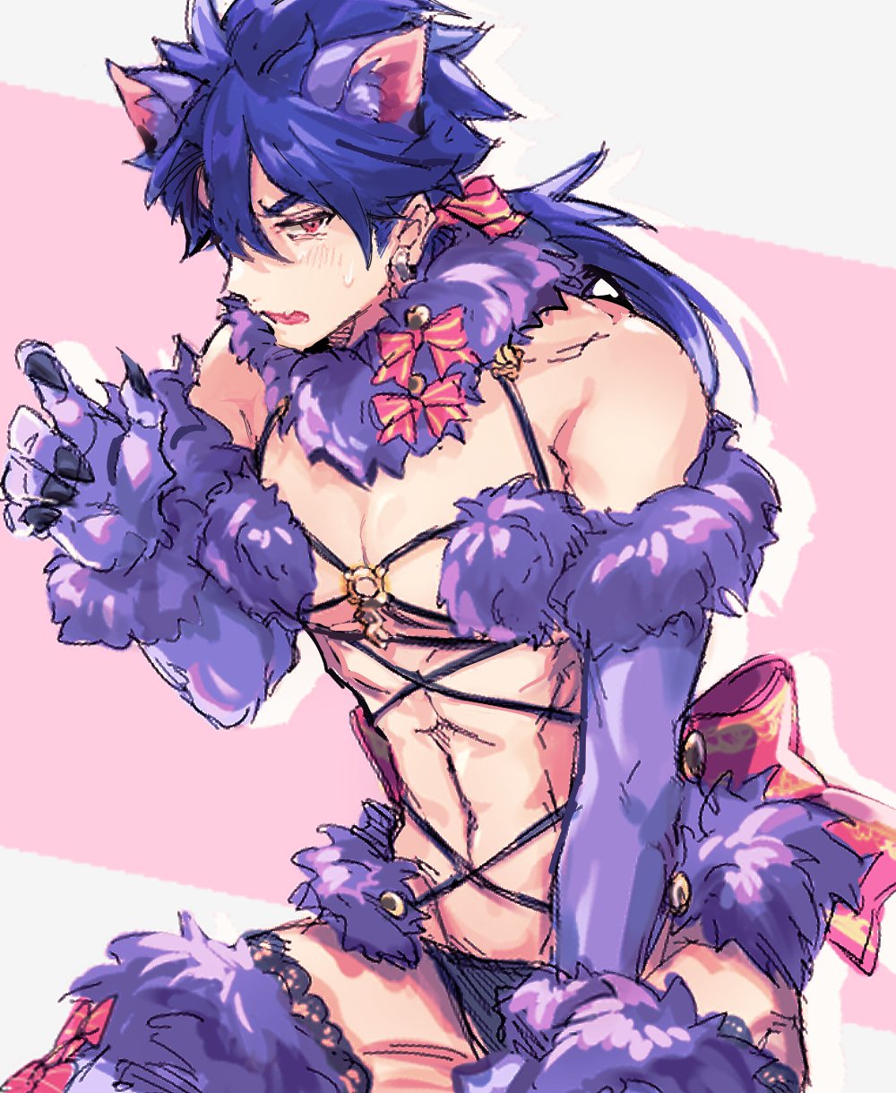 1boy angry animal_ears blue_hair claw_pose claws cosplay crossdressinging cu_chulainn_(fate)_(all) cu_chulainn_(fate/prototype) dangerous_beast detached_collar elbow_gloves fate/grand_order fate/prototype fate_(series) fur-trimmed_gloves fur-trimmed_legwear fur_collar fur_trim gloves groin hair_ribbon halloween_costume highres lace-trimmed_legwear lace_trim long_hair looking_at_viewer male_focus mash_kyrielight mash_kyrielight_(cosplay) monster_boy navel o-ring o-ring_top ojitaro12 panties purple_gloves purple_legwear red_eyes revealing_clothes ribbon sketch solo underwear wolf_boy wolf_ears