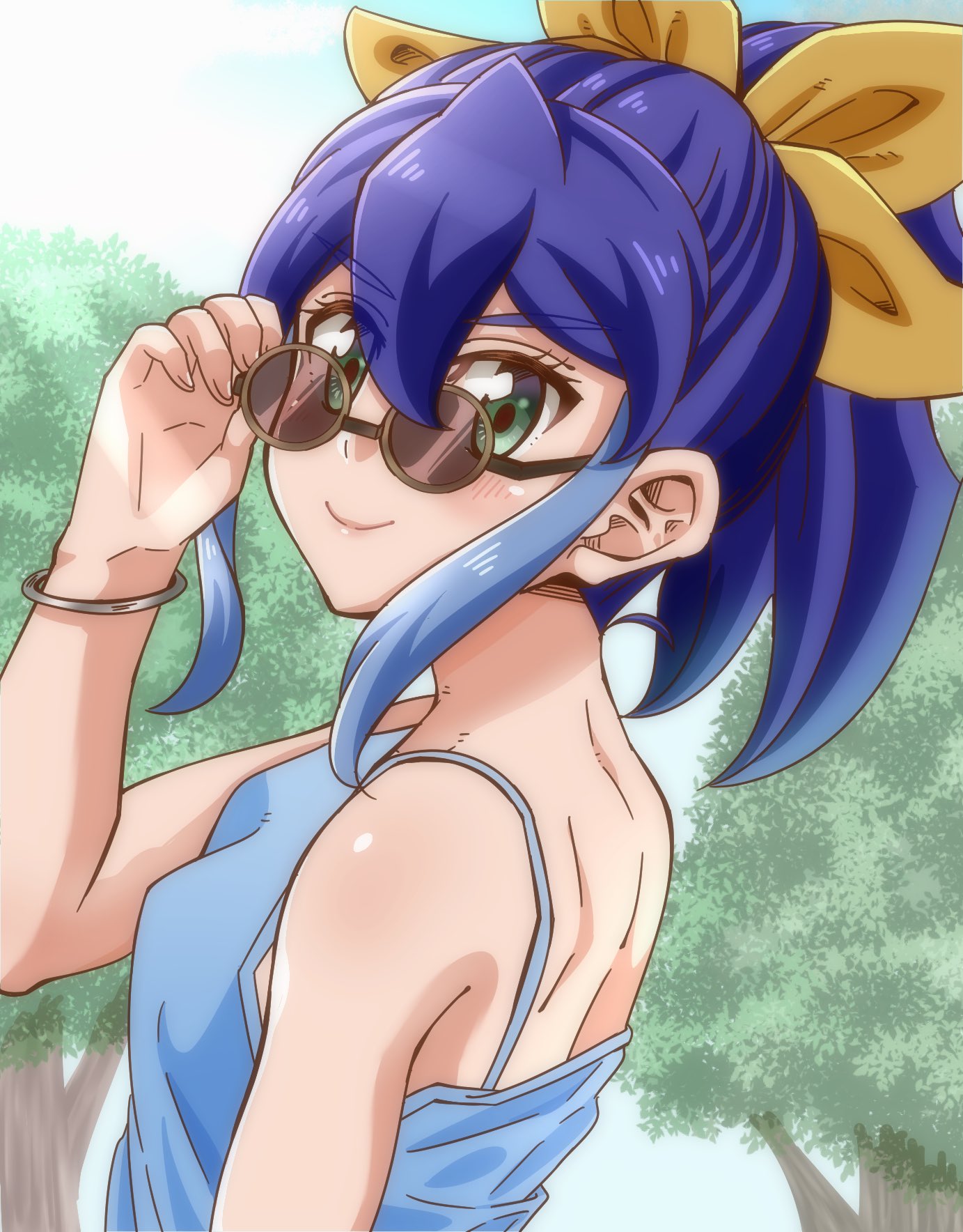 1girl blue_hair bracelet glasses green_eyes multicolored_hair smile strt yellow_bow yuu-gi-ou yuu-gi-ou_arc-v