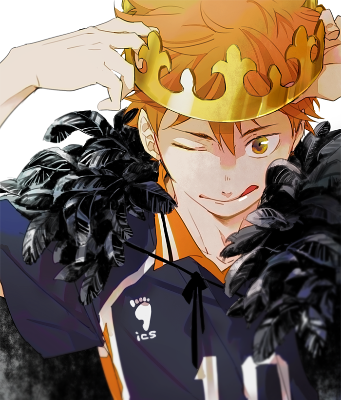 1boy ;q bangs cape crown feathers haikyuu!! hinata_shouyou itmutut looking_at_viewer male_focus one_eye_closed orange_eyes orange_hair simple_background solo sportswear tongue tongue_out upper_body volleyball_uniform white_background