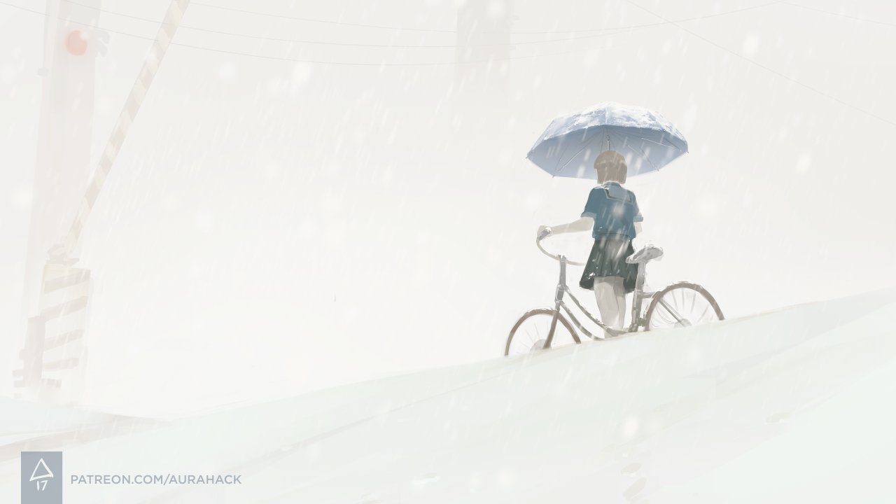 1girl aurahack bicycle black_skirt blonde_hair blue_shirt blue_umbrella feet_out_of_frame fog from_behind ground_vehicle original patreon_username pleated_skirt power_lines railroad_crossing railroad_signal sailor_collar school_uniform serafuku shirt short_hair short_sleeves skirt snow snowing solo umbrella watermark web_address