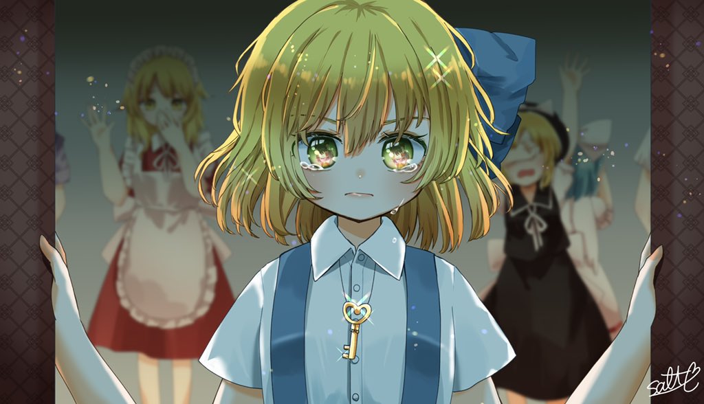 1girl alice_margatroid alice_margatroid_(pc-98) blonde_hair blue_dress blue_hairband closed_mouth crying crying_with_eyes_open dress green_eyes grey_background hair_ornament hairband key looking_at_viewer open_door sad salt_(seasoning) short_hair short_sleeves solo suspenders tears touhou yellow_eyes