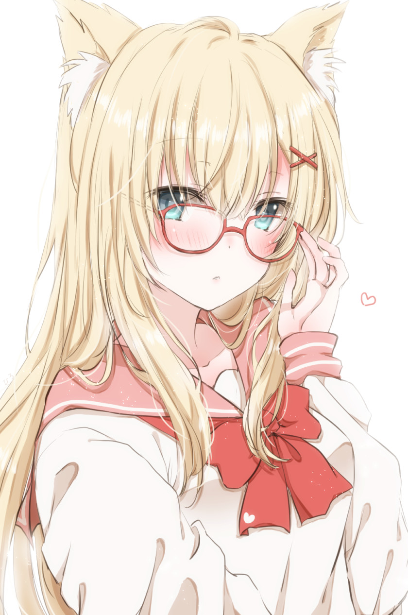 1girl animal_ear_fluff animal_ears bangs blonde_hair blue_eyes blush bow breasts collarbone commentary_request eyebrows_visible_through_hair glasses hair_between_eyes hair_ornament hairclip hand_up heart highres hiro_(hirohiro31) long_hair long_sleeves looking_at_viewer original pink_sailor_collar red-framed_eyewear red_bow sailor_collar school_uniform serafuku shirt simple_background sleeves_past_wrists small_breasts solo upper_body white_background white_shirt x_hair_ornament
