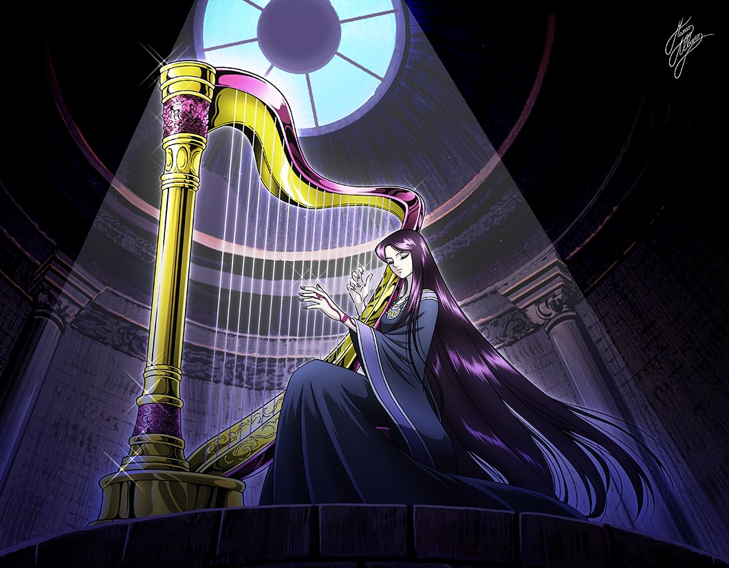 1girl black_dress closed_eyes dress full_body harp instrument jewelry light long_hair marco_albiero music necklace pandora_(saint_seiya) playing_instrument purple_hair saint_seiya signature sitting solo sparkle very_long_hair wide_sleeves window