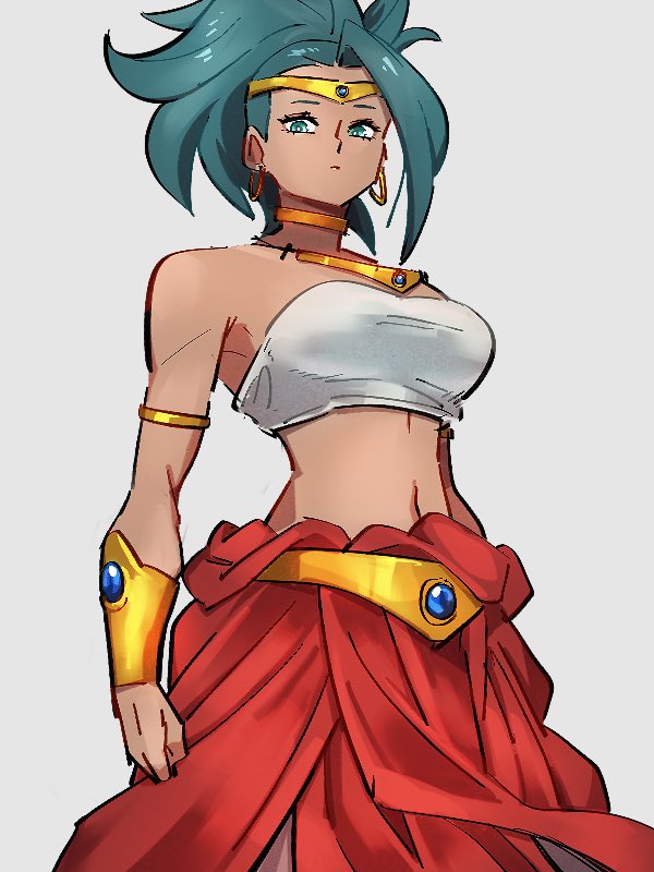 1girl blue_eyes blue_hair breasts broly_(dragon_ball_z) broly_(dragon_ball_z)_(cosplay) choker cosplay dragon_ball dragon_ball_super dragon_ball_z earrings grey_background hoop_earrings jewelry kale_(dragon_ball) kemachiku looking_at_viewer medium_breasts midriff navel short_hair simple_background solo yellow_choker